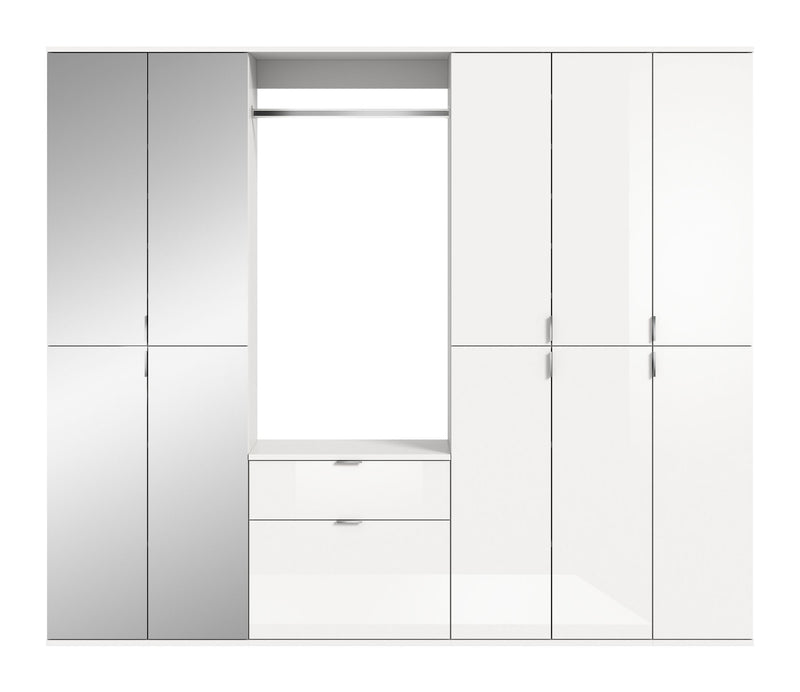 Garderobenkombination Weiß-Hochglanz mit Spiegelschrank, Kommode