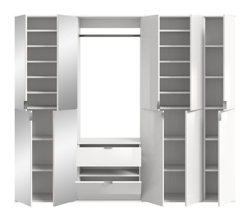 Garderobenkombination Weiß-Hochglanz mit Spiegelschrank, Kommode