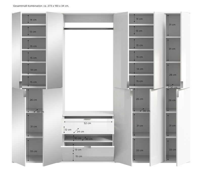 Garderobenkombination Weiß-Hochglanz mit Spiegelschrank, Kommode