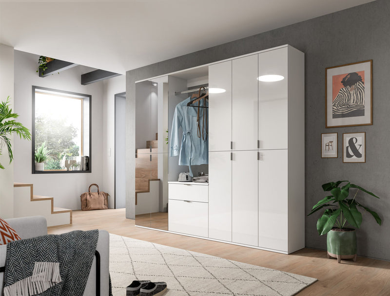 Garderobenkombination Weiß-Hochglanz mit Spiegelschrank, Kommode