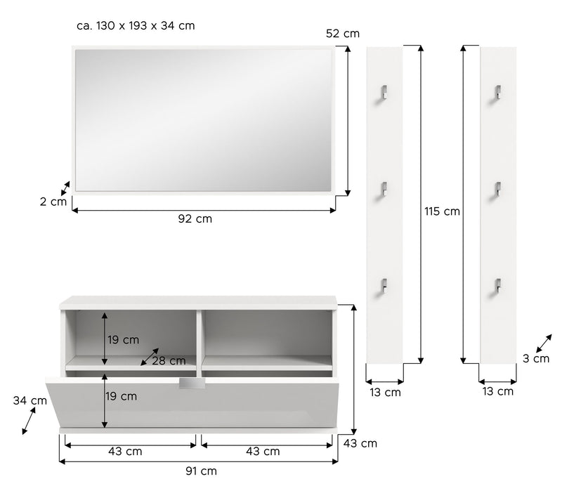 Garderobenkombination Weiß Hochglanz 130x191x37 cm mit Sitzbank