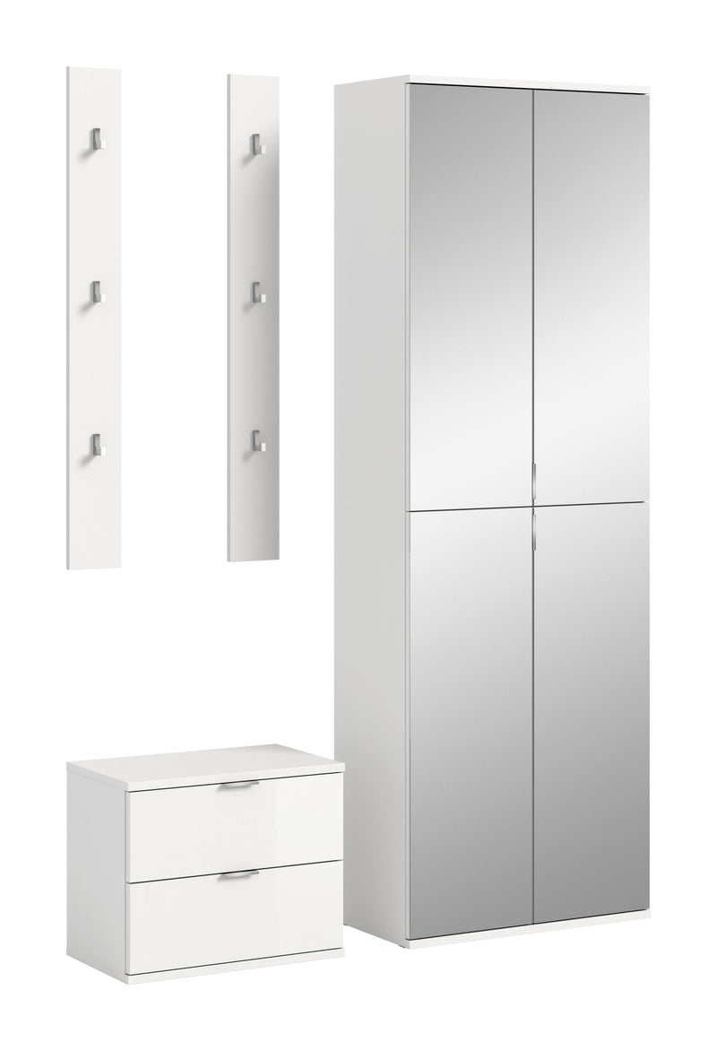 Garderobenkombination Weiß Hochglanz, 128x191x37 cm, Sitzbank, Spiegelschrank