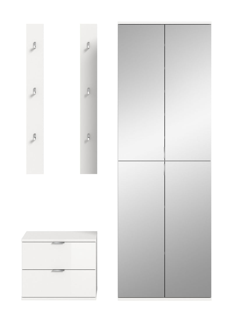 Garderobenkombination Weiß Hochglanz, 128x191x37 cm, Sitzbank, Spiegelschrank