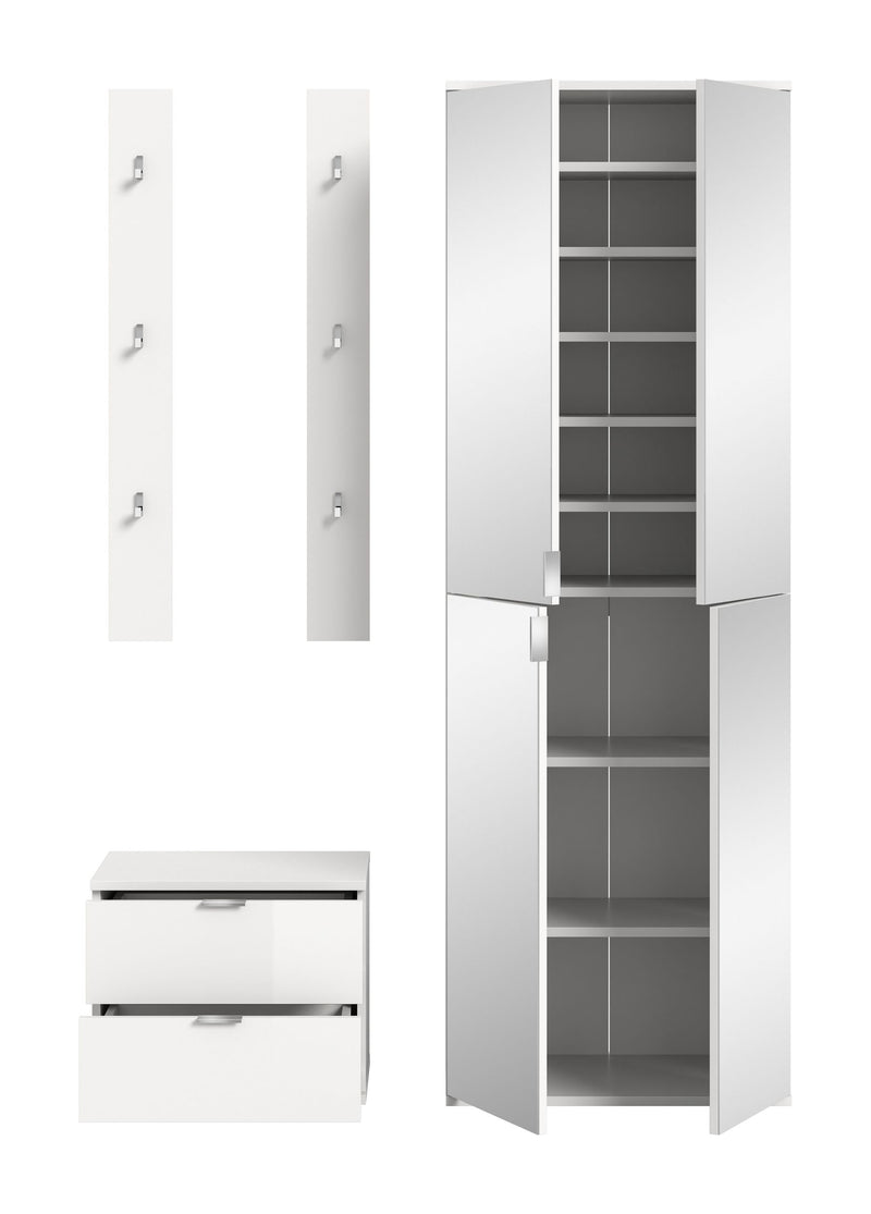 Garderobenkombination Weiß Hochglanz, 128x191x37 cm, Sitzbank, Spiegelschrank