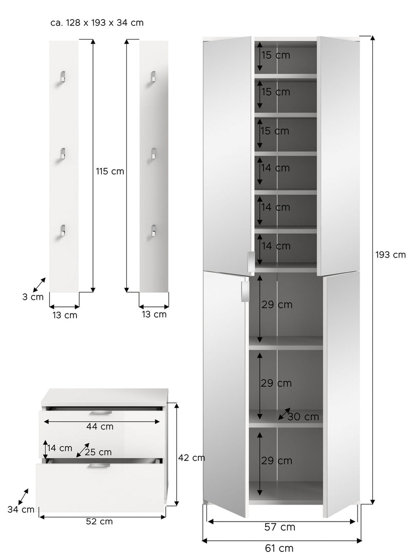 Garderobenkombination Weiß Hochglanz, 128x191x37 cm, Sitzbank, Spiegelschrank