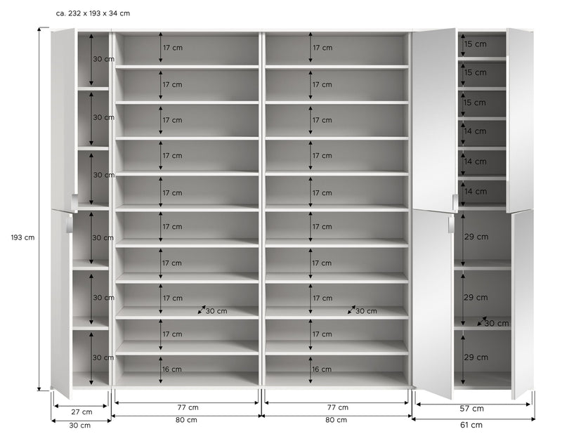 Garderobenschrank Weiß Hochglanz, 232x191x37 cm, Hochschrank, Schuhregale