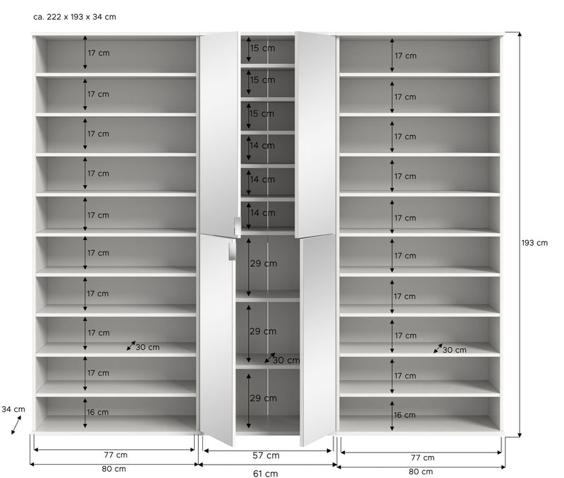 Garderobenschrank Weiß Hochglanz, 222x191x37 cm, Spiegelschrank
