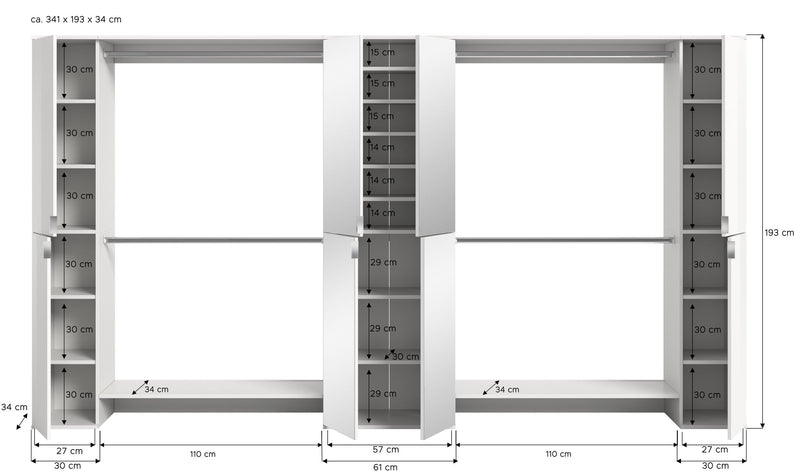 Garderobenkombination Weiß Hochglanz, 341x191x37 cm, Spiegelschrank