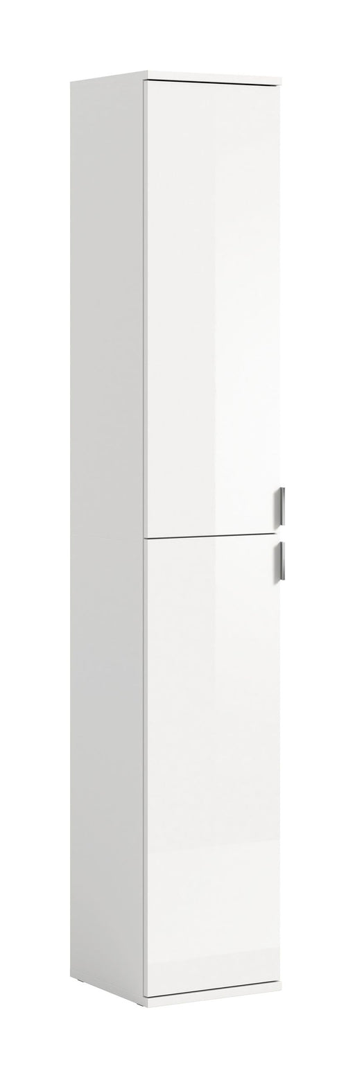 Hochschrank Weiß Hochglanz mit zwei übereinander angeordneten Drehtüren und Metallgriffen, Gesamtansicht.