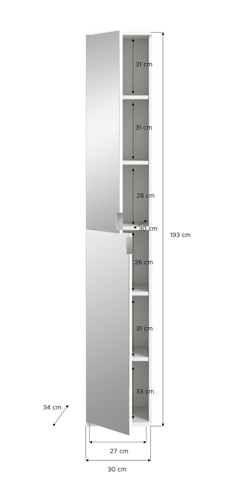 Spiegelschrank Weiß Nachbildung, Spiegelglas, 193x30x34 cm