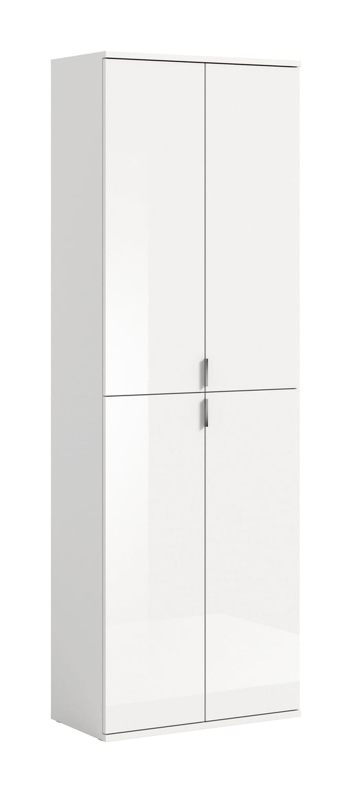 Hochschrank Weiß Hochglanz mit vier Drehtüren und Chromgriffen in Gesamtansicht.