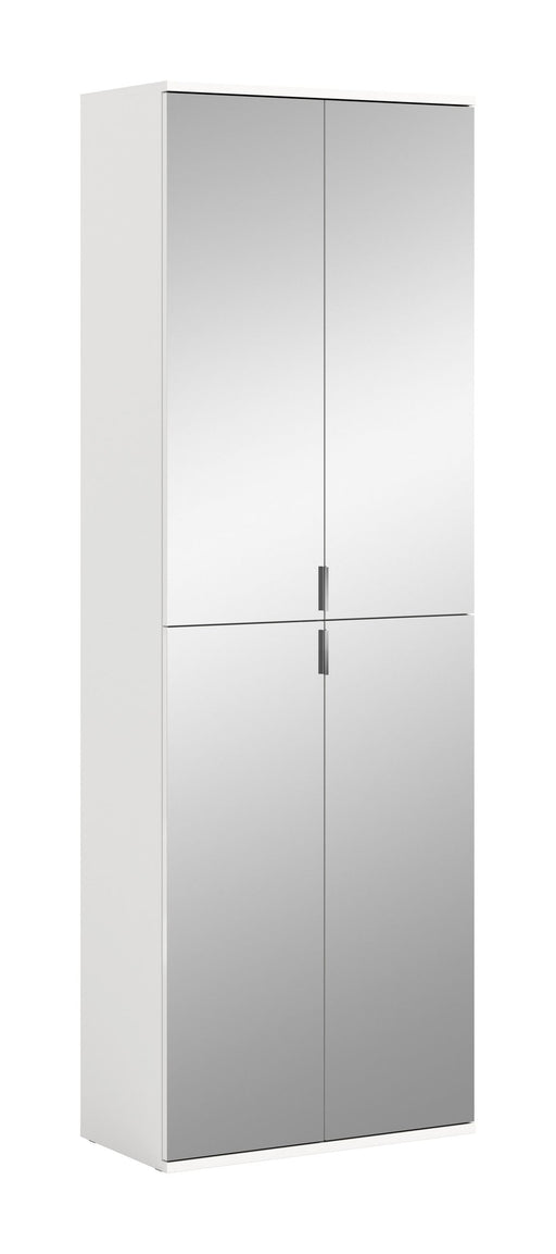 Spiegelschrank weiß mit vier Spiegeltüren und metallenen Griffen in Gesamtansicht von vorne.