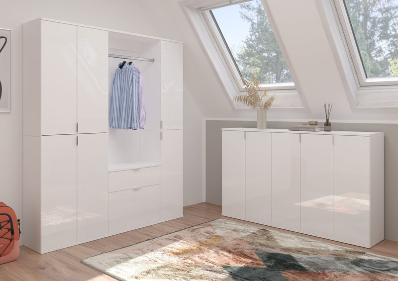Kommode Weiß Hochglanz, 30x99x34 cm, Spanplatte, Offene Fächer