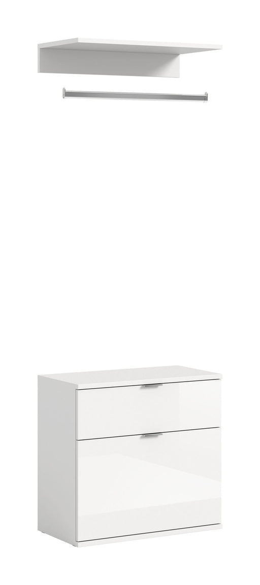 Kommode mit Garderobenstange in Weiß Hochglanz, Gesamtansicht mit drei Schubladen und horizontaler Metallstange.