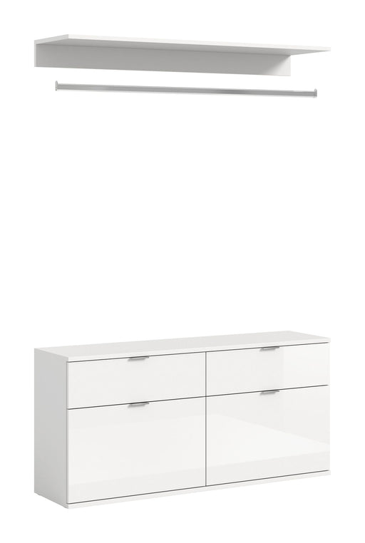 Kommode mit Garderobenstange in Weiß Hochglanz, Gesamtansicht mit vier Schubladen und grauer Wandgarderobe.