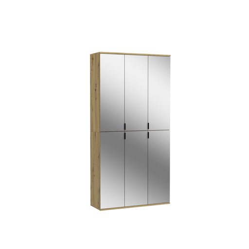 Garderobenschrank Artisan Eiche Spiegelglas in Gesamtansicht mit sechs verspiegelten Türen und Eichenholzrahmen.