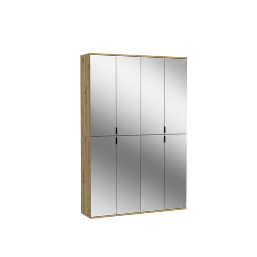 Garderobenschrank Artisan Eiche mit vier Spiegeltüren und horizontaler Mittelteilung in Gesamtansicht.