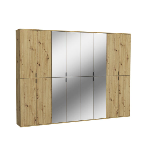 Garderobenschrank Artisan Eiche mit Spiegelfront und seitlichen Holztüren, Gesamtansicht.