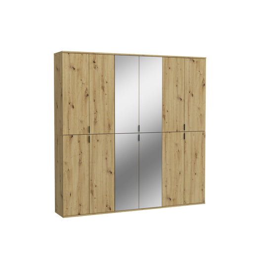 Garderobenschrank Artisan Eiche mit Spiegelglastüren in der Mitte und seitlichen Holztüren, Gesamtansicht.