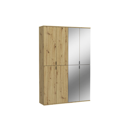 Garderobenschrank Artisan Eiche mit vier Türen, zwei Holztüren links und zwei Spiegeltüren rechts, Gesamtansicht.