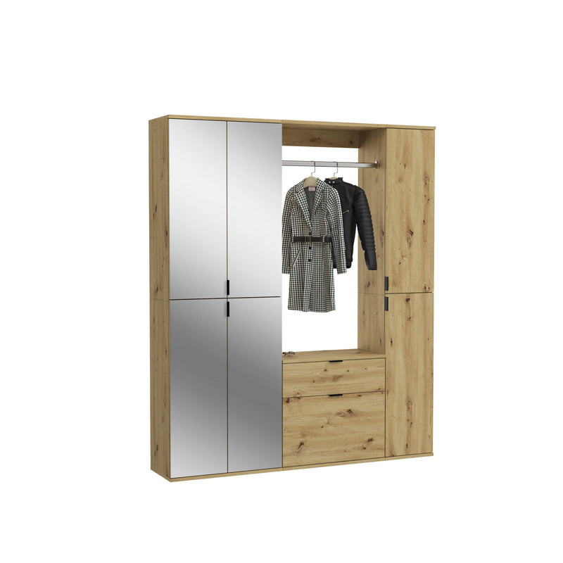Garderobenkombination Artisan Eiche mit Spiegelglas, 152x193x34 cm