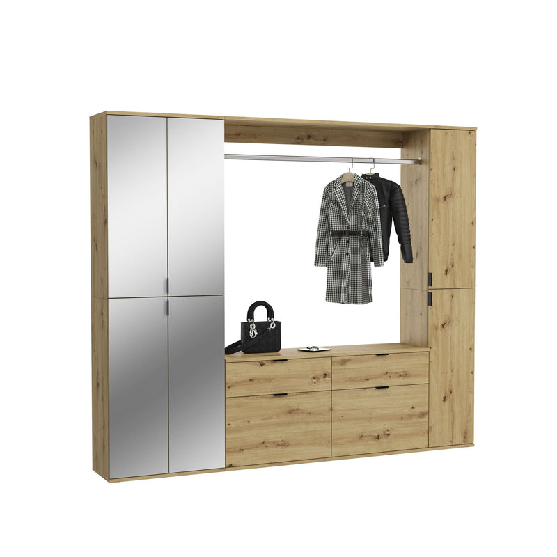 Garderobenkombination Artisan Eiche mit Spiegelglas, 212x193x34 cm