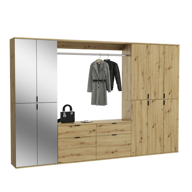 Garderobenkombination Artisan Eiche, Schwarz, inkl. Spiegelschrank
