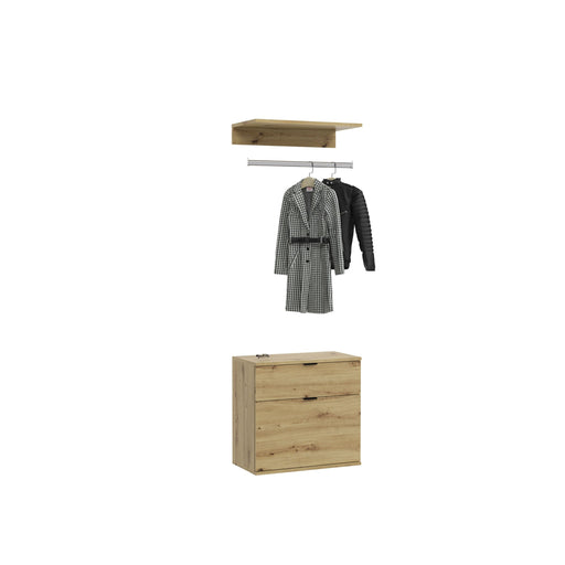 Kommode mit Garderobenstange in Artisan Eiche mit zwei Schubladen und integrierter Kleiderstange, Gesamtansicht.