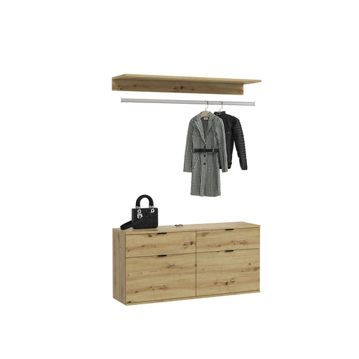Gesamtansicht der Kommode mit Garderobenstange Artisan Eiche mit zwei Türen, Metallkleiderstange und Wandregal aus Holz.