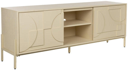 ZUIVER Sideboard Faces aus Eiche in Beige, Gesamtansicht mit geöffneten Türen und sichtbaren Regalen.