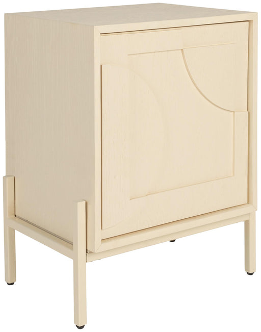 Gesamtansicht des ZUIVER Beistelltisch FACES mit beiger Holzfront und Metallfüßen.