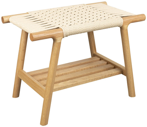 Sitzbank Hocker Kintaro aus Eiche in Natur mit cremefarbenem Seilgeflecht und Ablage, Gesamtansicht.