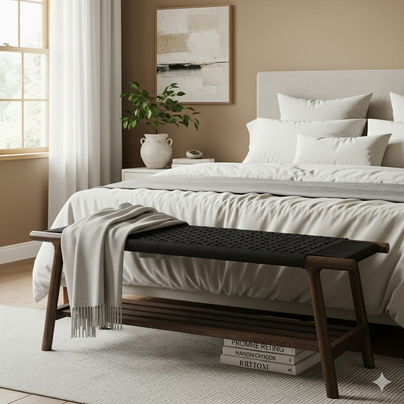 Sitzbank Kintaro Walnuss | Japandi-Design & Seilgeflecht