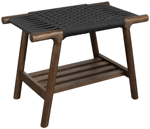Sitzbank Hocker Kintaro Walnuss mit Holzgestell und schwarzem Seilgeflecht, Gesamtansicht von vorne.