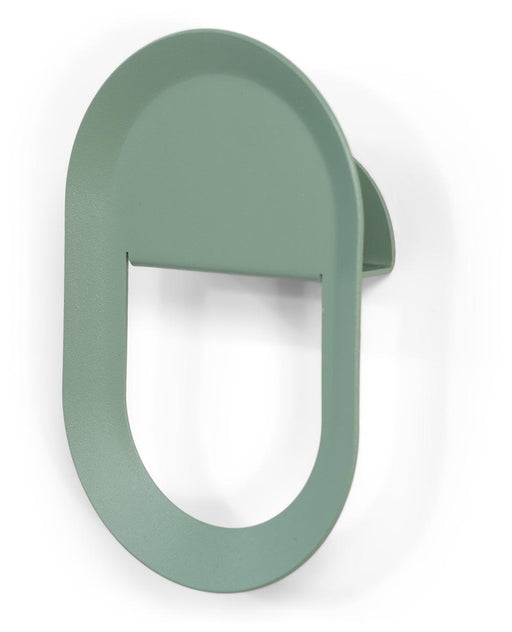 Design Garderobenhaken COUCOU in Sagegrün mit abgerundeter Form, Seitenansicht.