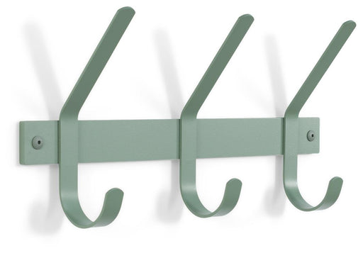 Spinder DEXTER 3 Stahl Wandgarderobe in Grün mit drei gebogenen Haken, Gesamtansicht von vorne.