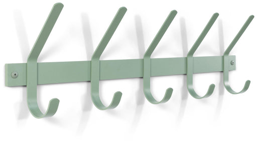 Wandgarderobe DEXTER 5 Stahl Minimalistisch in Salbeigrün mit fünf gebogenen Haken, Gesamtansicht.