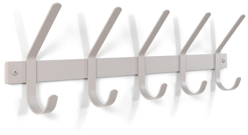 Wandgarderobe DEXTER 5 Stahl Minimalistisch in Weiß mit fünf gebogenen Haken an horizontaler Schiene, Gesamtansicht.