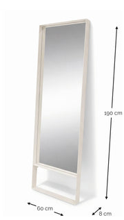 Weißer Standspiegel mit Ablage und Maßen 190 cm hoch, 60 cm breit, 8 cm tief