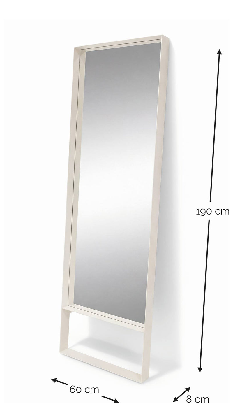 Weißer Standspiegel mit Ablage und Maßen 190 cm hoch, 60 cm breit, 8 cm tief