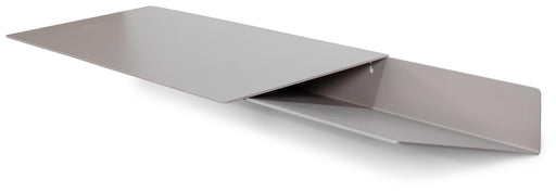 Spinder DRIFT Desk in Taupe mit teilweise geöffneter Schreibplatte, Gesamtansicht von oben.