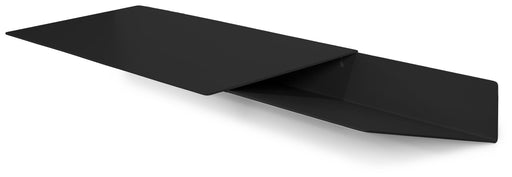 Spinder DRIFT Desk in Schwarz, Gesamtansicht mit verschobenem Tischblatt in Schrägperspektive.