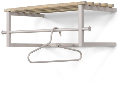 Spinder Marco Garderobe mit Eichenholz-Oberteil, grauem Stahlgestell und ausklappbarem Kleiderbügel in Gesamtansicht.