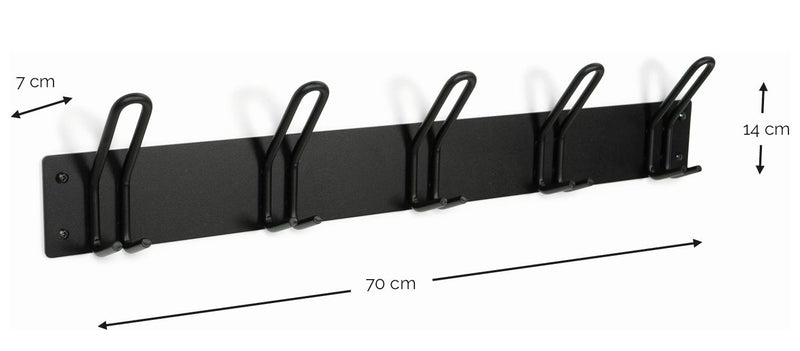 Schwarze Garderobenleiste mit fünf Haken, 70 cm breit, 14 cm hoch und 7 cm tief