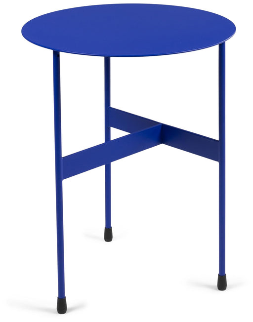 Spinder MIRA HIGH Beistelltisch mit runder blauer Tischplatte und kreuzförmigem Stahlgestell in Gesamtansicht.