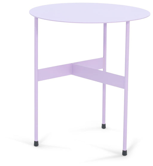 Spinder MIRA LOW Beistelltisch in Violett mit runder Tischplatte und X-förmigem Untergestell, Gesamtansicht.