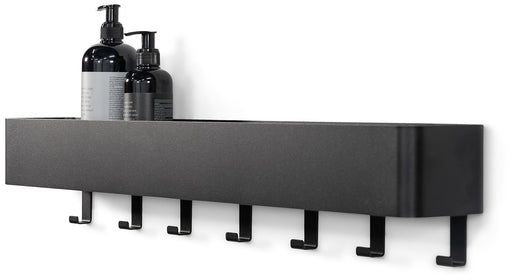 Garderobe MULTI 7 Stahl in Schwarz mit sieben Haken und aufgesetzter Ablage, Gesamtansicht von vorne.