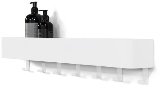 Garderobe MULTI 7 Stahl in Weiß mit abgerundeter Ablage und sieben weißen Haken in Gesamtansicht.