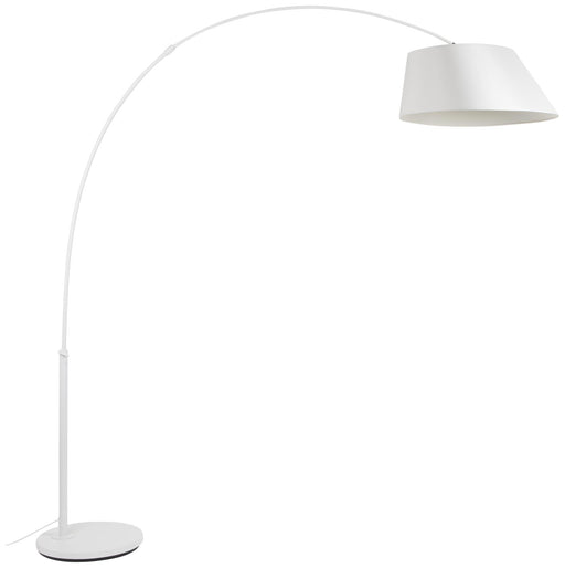 Bogenlampe Arc Weiß mit weißem Metallgestell und trapezförmigem Stoffschirm in Gesamtansicht.