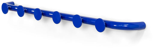 Hakenleiste RETRO 6 in Blau mit sechs runden Haken, Gesamtansicht von vorne.